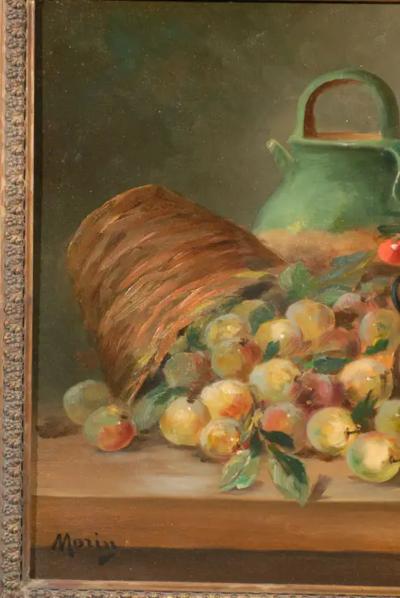 French Framed Oil on Canvas Still Life Painting Signed Morin Depicting Fruits