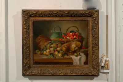 French Framed Oil on Canvas Still Life Painting Signed Morin Depicting Fruits