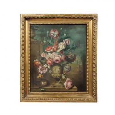 French Framed Still Life Oil Painting Depicting a Bouquet of Flowers circa 1850
