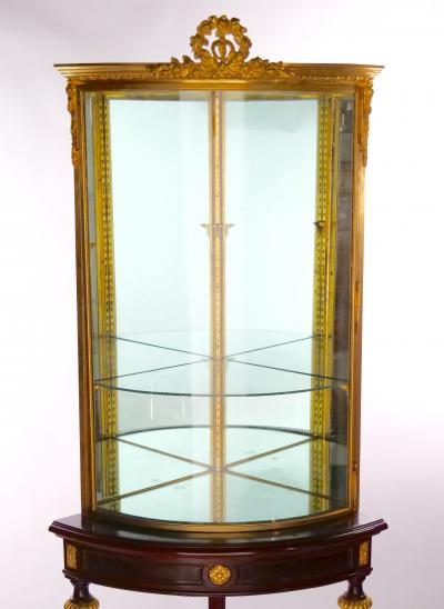 French Gilt Bronze Framed Mahogany Base Curio Cabinet