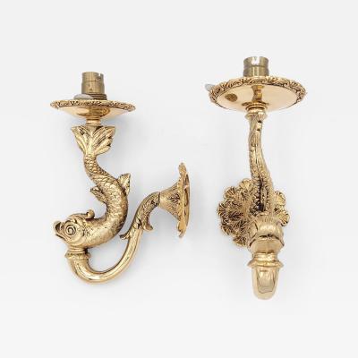 French Gilt Bronze Pair of Dolphin Sconces circa 1880