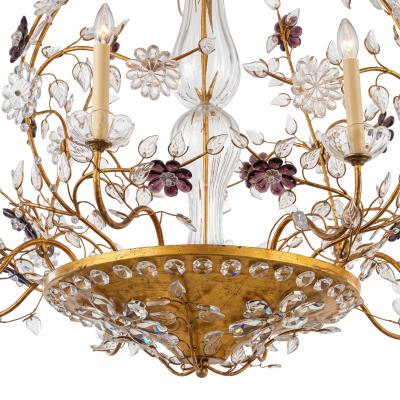 French Gilt Clear Amethyst Floral Crystal Chandelier 1940s