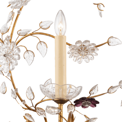 French Gilt Clear Amethyst Floral Crystal Chandelier 1940s