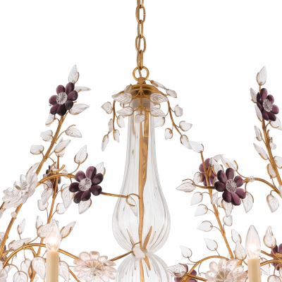 French Gilt Clear Amethyst Floral Crystal Chandelier 1940s