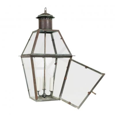 French Glass Paneled Verdigris Green and Copper Lantern