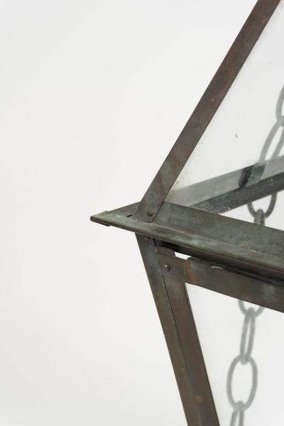 French Glass Paneled Verdigris Green and Copper Lantern