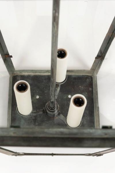 French Glass Paneled Verdigris Green and Copper Lantern