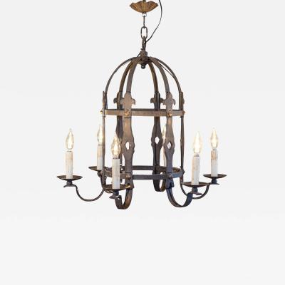 French Gothic Style Cage Shaped Wrought Iron Six Light Chandelier USA Wired