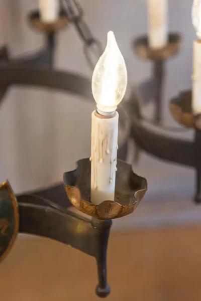 French Gothic Style Eight Light Iron Chandelier with Hand Painted Crests Wired