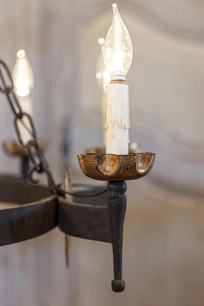 French Gothic Style Eight Light Iron Chandelier with Hand Painted Crests Wired