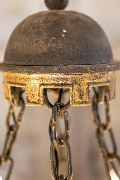 French Gothic Style Eight Light Iron Chandelier with Hand Painted Crests Wired