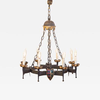 French Gothic Style Eight Light Iron Chandelier with Hand Painted Crests Wired