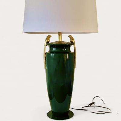 French Green Lacquered Large Table Lamp circa 1940