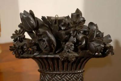 French Hand Carved Basket of Flowers Sculpture with Dark Patina 19th Century