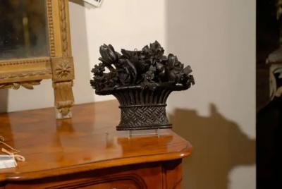 French Hand Carved Basket of Flowers Sculpture with Dark Patina 19th Century