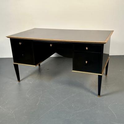 French Hollywood Regency Style Ebony Lacquer Executive Desk Writing Table