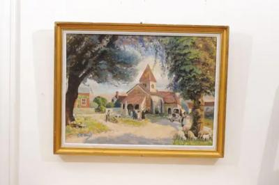 French Impressionist Style 1950s Oil on Canvas Painting Depicting a Small Church