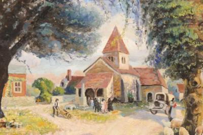 French Impressionist Style 1950s Oil on Canvas Painting Depicting a Small Church