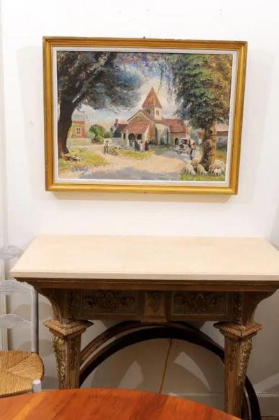 French Impressionist Style 1950s Oil on Canvas Painting Depicting a Small Church