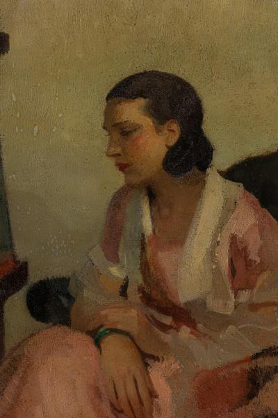 French Impressionist portrait of a young lady studying a still life painting by