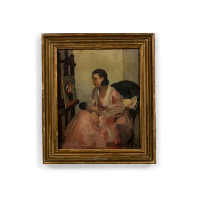 French Impressionist portrait of a young lady studying a still life painting by