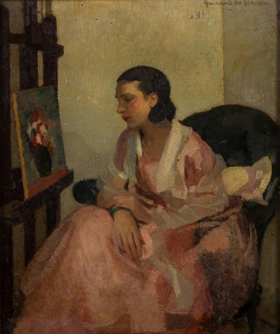 French Impressionist portrait of a young lady studying a still life painting by