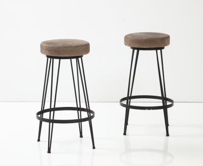 French Industrial Wrought Iron Counter Stools with Nubuck Upholstery