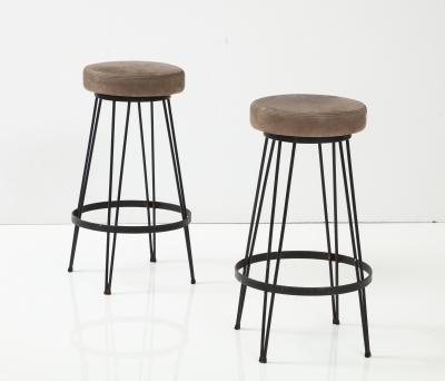 French Industrial Wrought Iron Counter Stools with Nubuck Upholstery