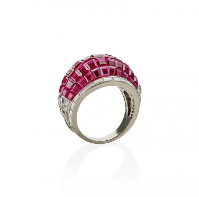 French Invisibly Set Ruby and Diamond Bomb Ring