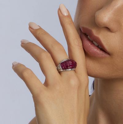 French Invisibly Set Ruby and Diamond Bomb Ring