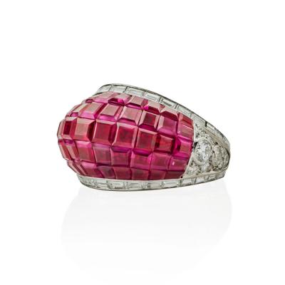 French Invisibly Set Ruby and Diamond Bomb Ring