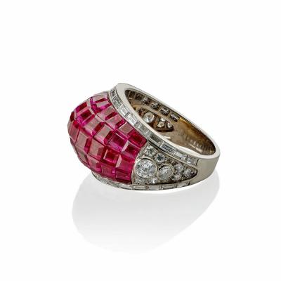 French Invisibly Set Ruby and Diamond Bomb Ring