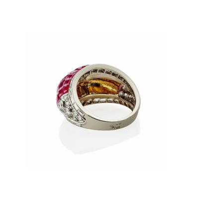 French Invisibly Set Ruby and Diamond Bomb Ring