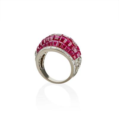 French Invisibly Set Ruby and Diamond Bomb Ring