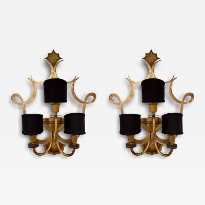 French Large Pair of Three Armed Bronze Wall Lights circa 1940