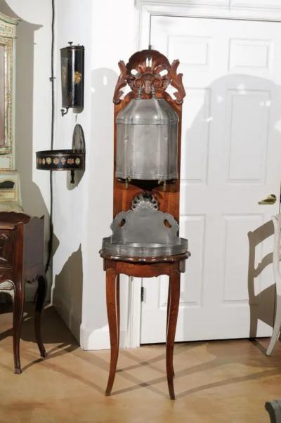 French Late 18th Century Louis XV Pewter Lavabo Mounted on Walnut Stand