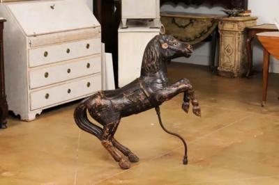 French Late 19th Century Carved Carousel Prancing Horse Sculpture with Patina