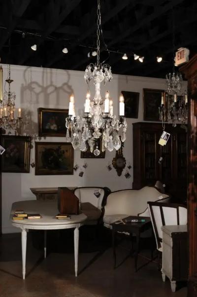 French Late 19th Century Eight Arm Crystal Chandelier with Dark Metal Armature