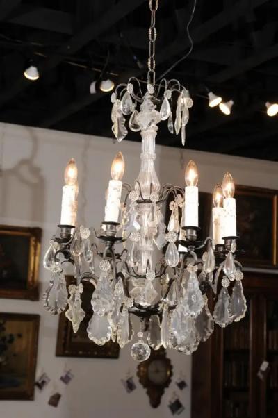 French Late 19th Century Eight Arm Crystal Chandelier with Dark Metal Armature