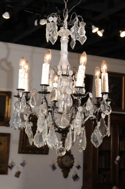 French Late 19th Century Eight Arm Crystal Chandelier with Dark Metal Armature