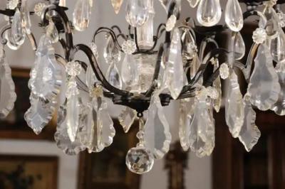 French Late 19th Century Eight Arm Crystal Chandelier with Dark Metal Armature