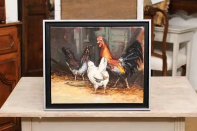 French Late 20th Century Framed and Signed Oil on Canvas Barnyard Scene Painting