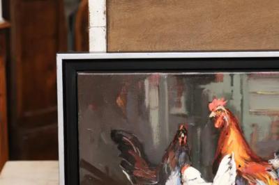 French Late 20th Century Framed and Signed Oil on Canvas Barnyard Scene Painting