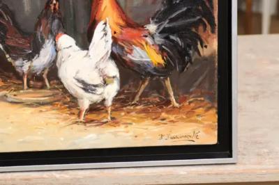 French Late 20th Century Framed and Signed Oil on Canvas Barnyard Scene Painting