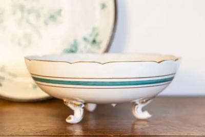 French Limoges Porcelain Bowl with Green Bouquet of Roses and Underplate