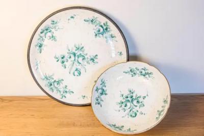 French Limoges Porcelain Bowl with Green Bouquet of Roses and Underplate