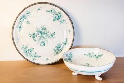 French Limoges Porcelain Bowl with Green Bouquet of Roses and Underplate