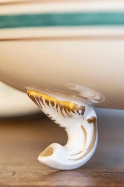 French Limoges Porcelain Bowl with Green Bouquet of Roses and Underplate