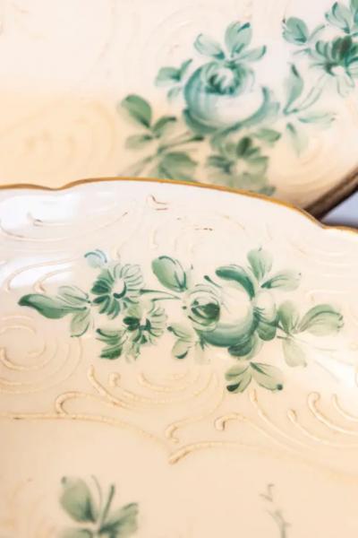 French Limoges Porcelain Bowl with Green Bouquet of Roses and Underplate