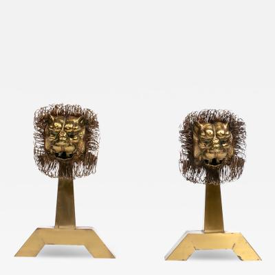 French Lions Brass Brutalist Fireplace Andirons Chenets c 1960s
